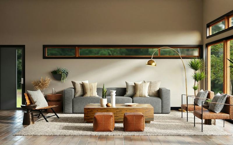 Furnished living room with seating, lighting and large windows